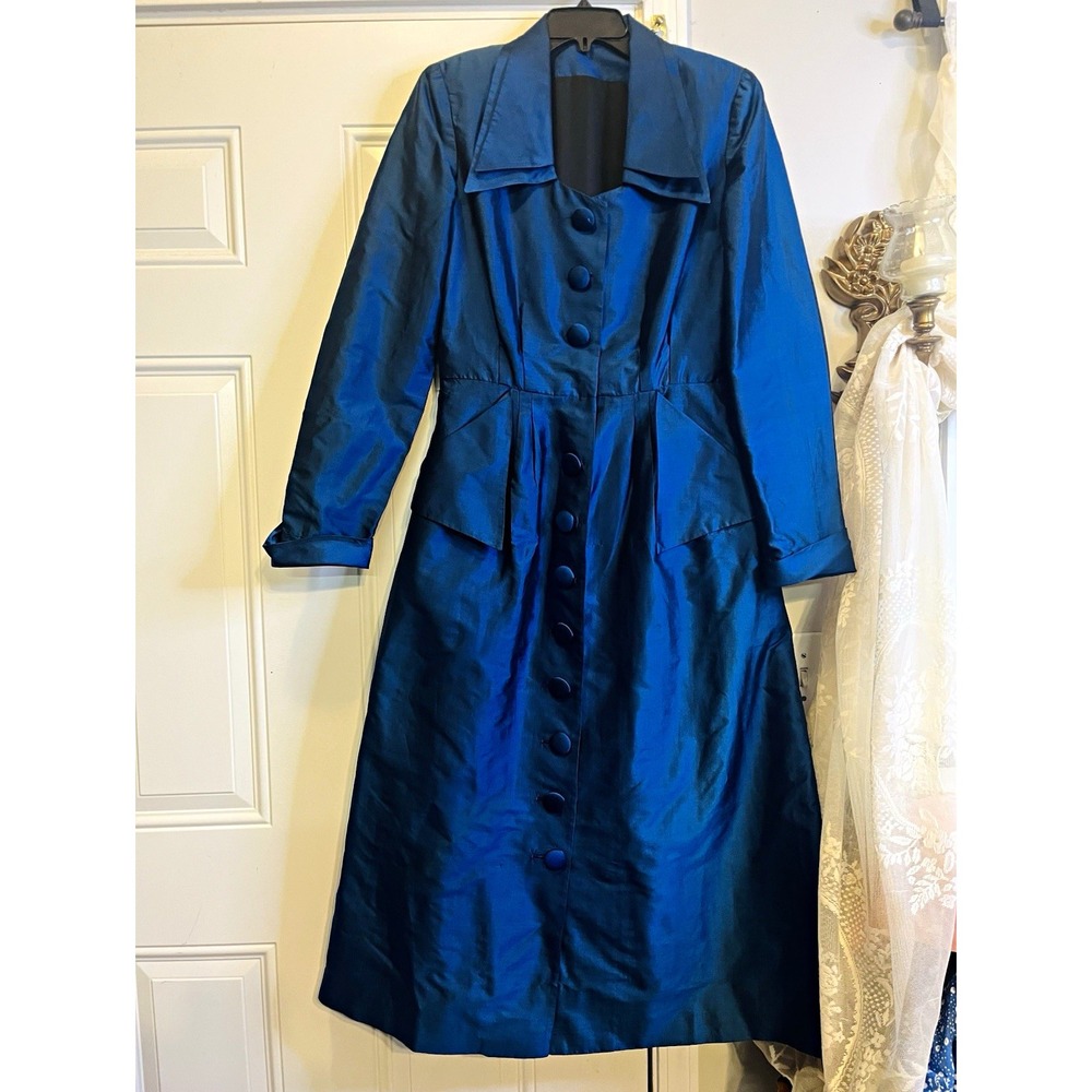 Vintage Y2K Whimsigoth Blue Taffeta Long Coat Trench Dress Coat Size M Gothic